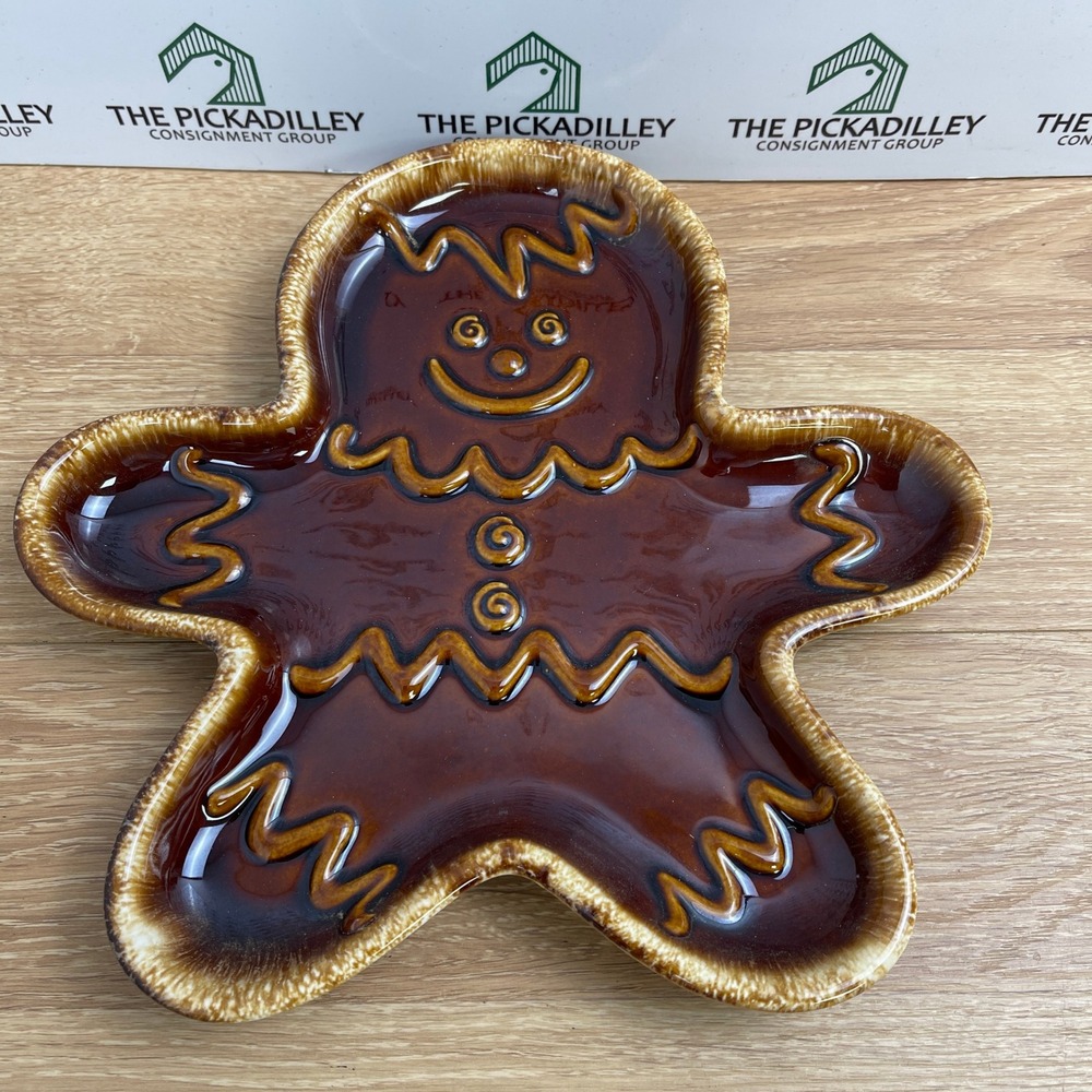 Vintage Hull Pottery Gingerbread Man Dish Brown Drip Glaze USA Ceramic Holiday